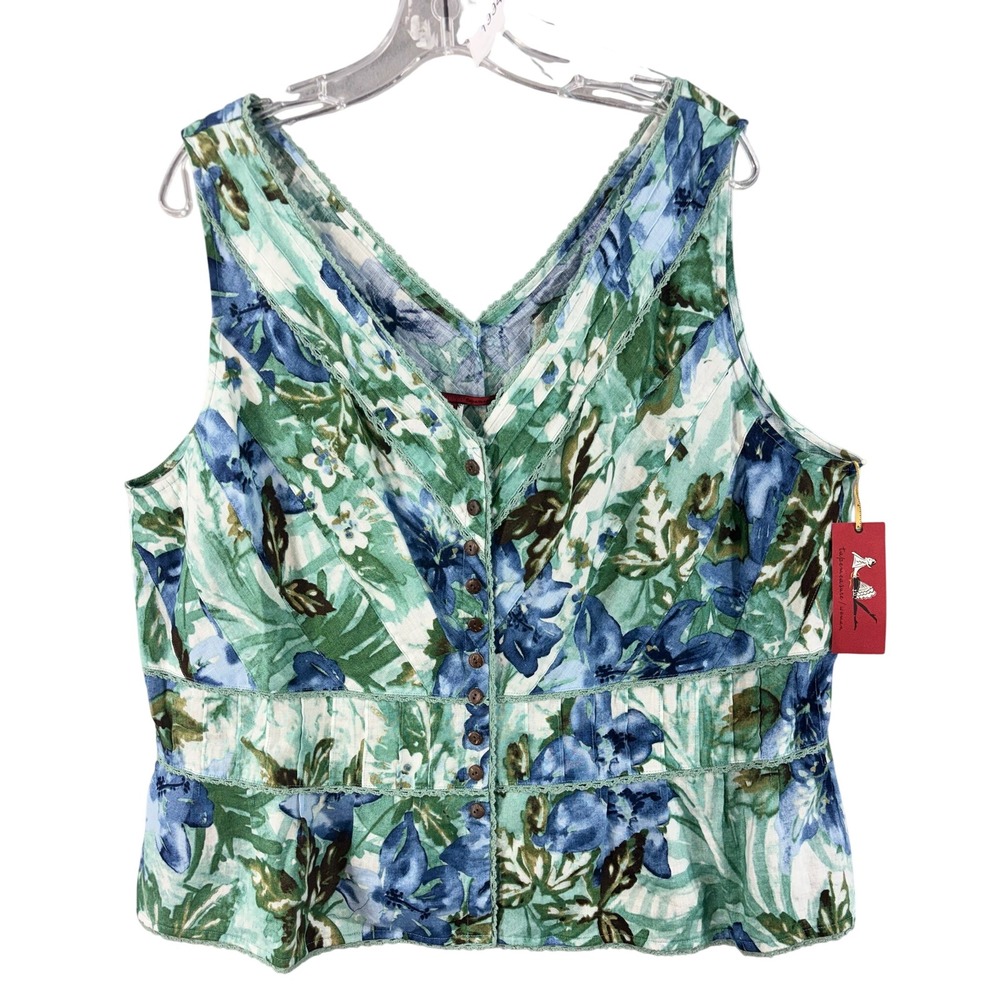 NWT Tapemeasure Floral Linen Top 22W Blue Green V-Neck Crochet Lace Button Up
